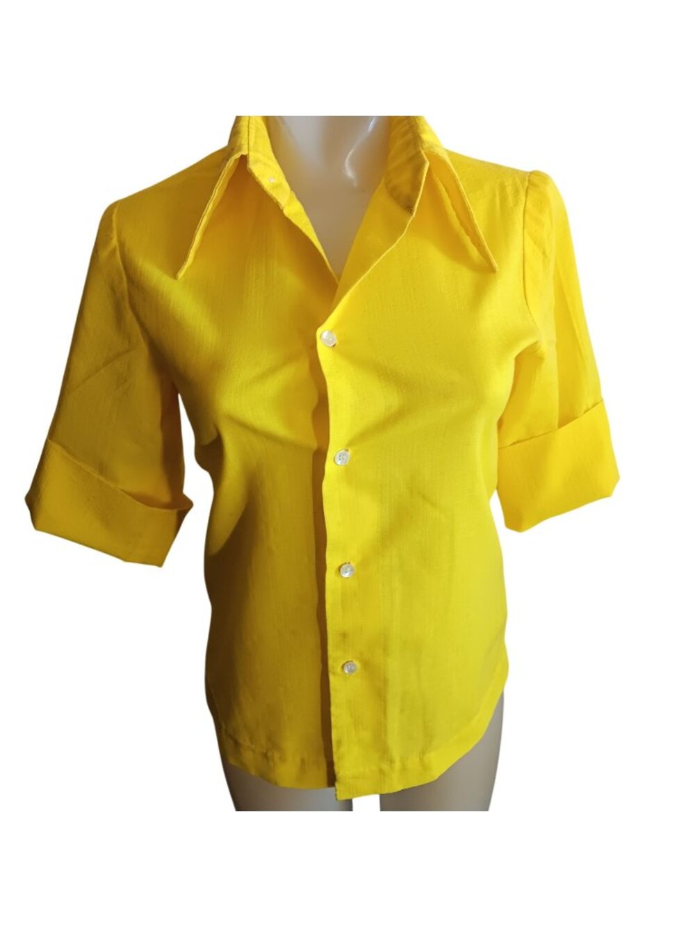 XS Vintage Yellow Button-Up Blouse 1Of1 Women's Fold-Over 3/4 Sleeves Handmade
